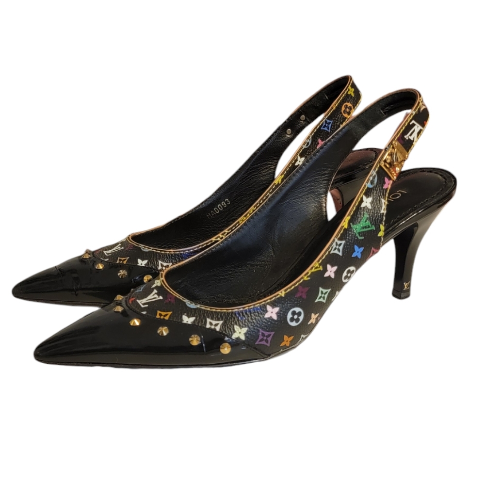 LOUIS VUITTON Murakami Monogram Studded Sling Back Pump Shoes SZ 39 - US size 9